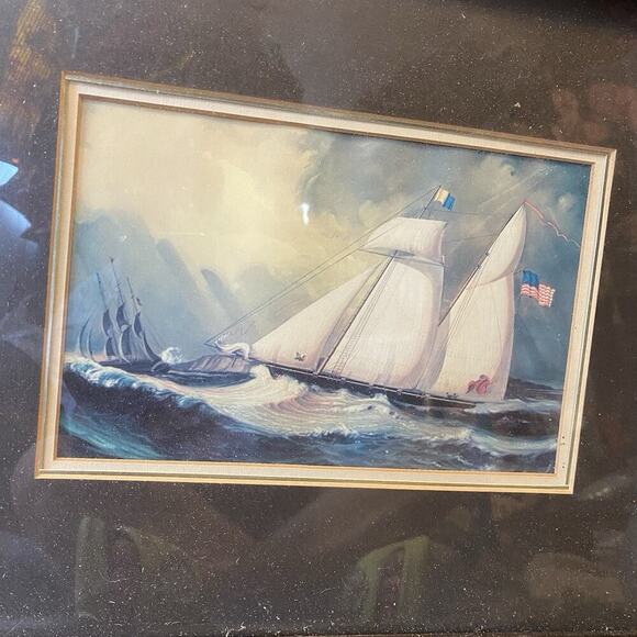 VTG Print Painting Pimpernel Clipper Ships Cork Backed SAILING England Nautical - Picture 1 of 8